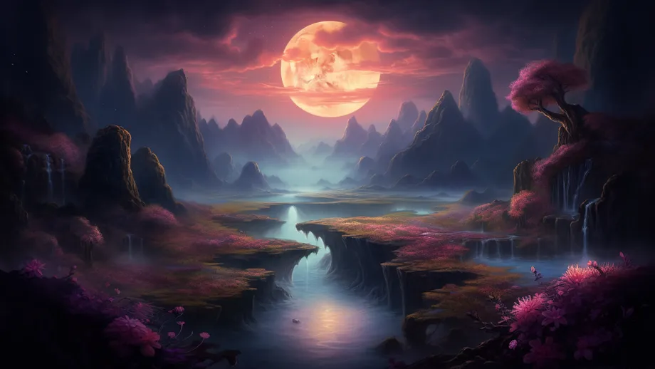 Ethereal scene of a moonlit meadow filled with flowers and sharp mountains in the background.